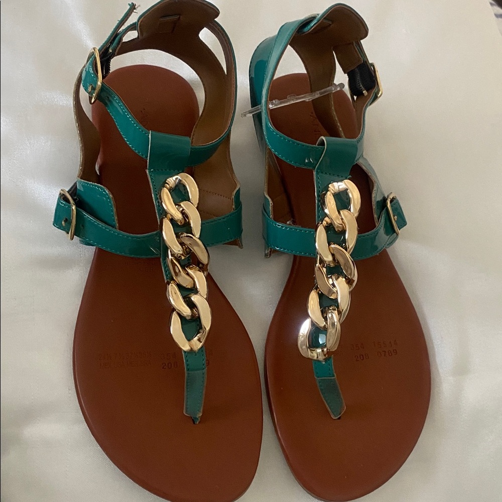 Elegant Teal Sandals with Gold Accents